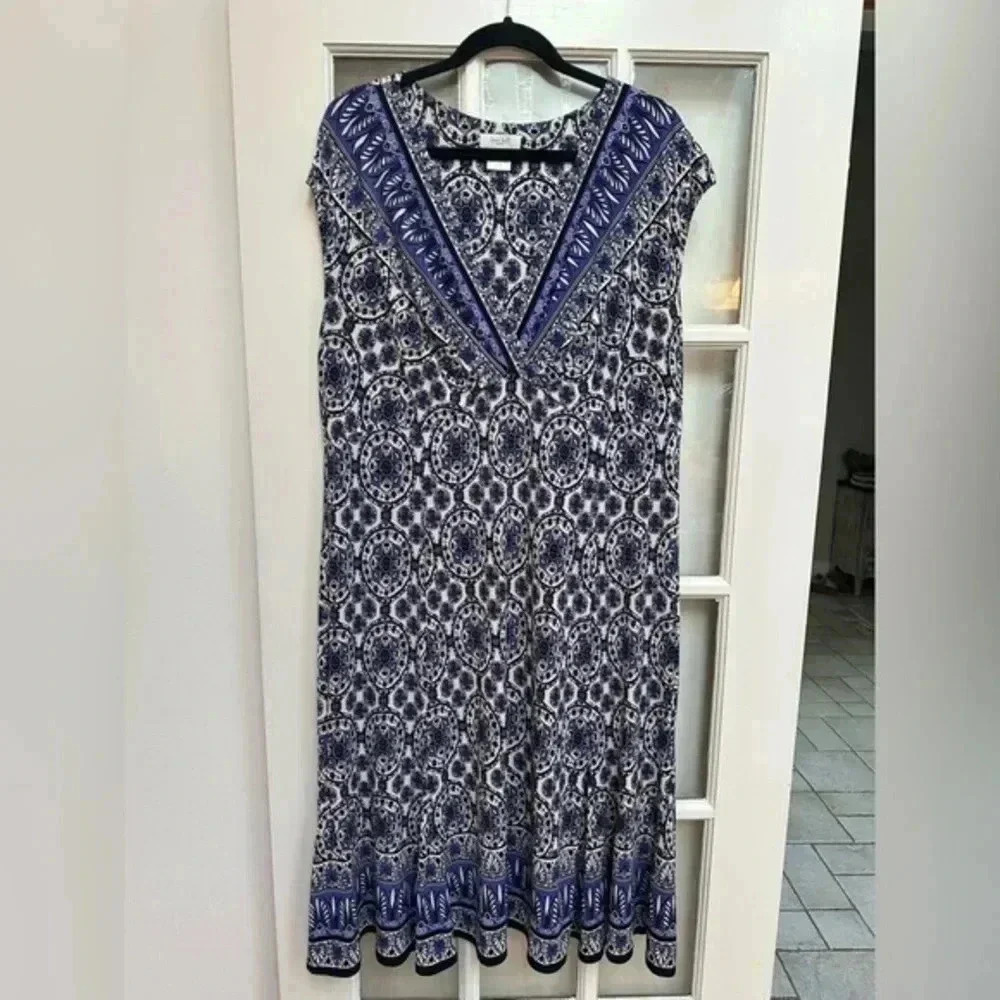 Kate Hill Navy Purple Sleeveless Boho Bohemian Print Midi Dress Plus Size 18W